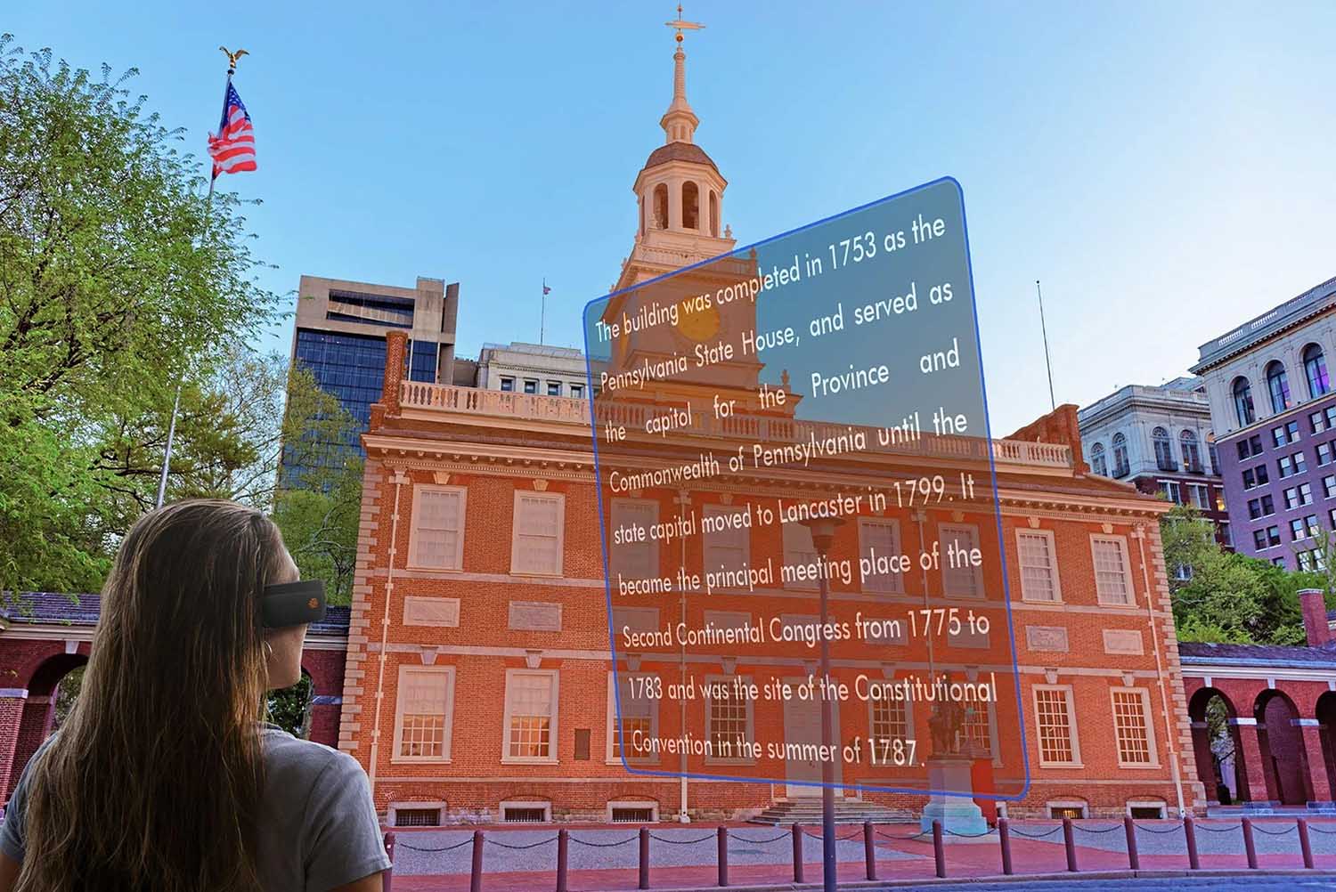 Visitor wearing ThirdEye AR Smart Glasses exploring museum exhibits
